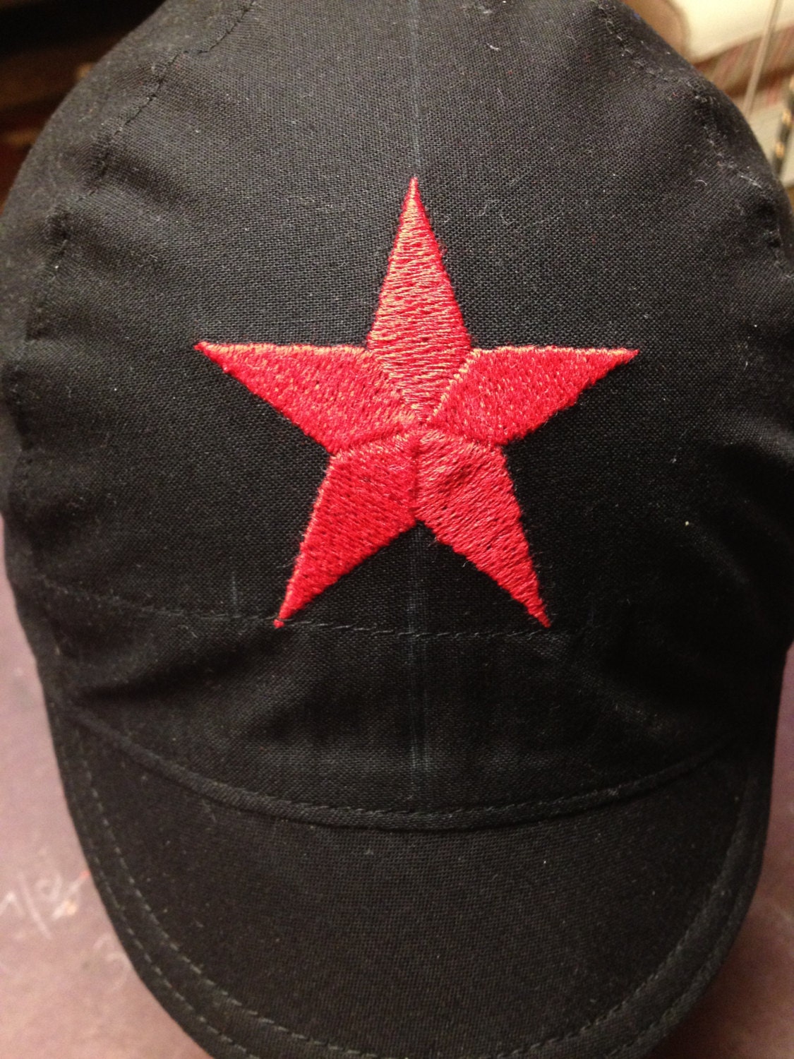 Black cap with red embroidered star handmade cycling cap one of a kind 