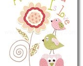 Kids wall art, baby nursery decor, nursery wall art, children wall art, owl, bird, pink green, All You Need Is Love 8x10 print