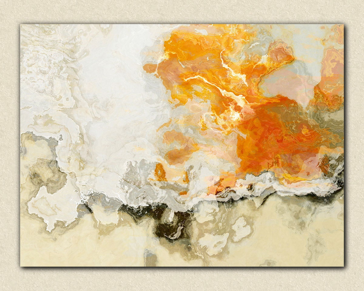 Large abstract expressionism stretched canvas print, 24x32 in orange and beige, from abstract painting "Rhymes With Orange"