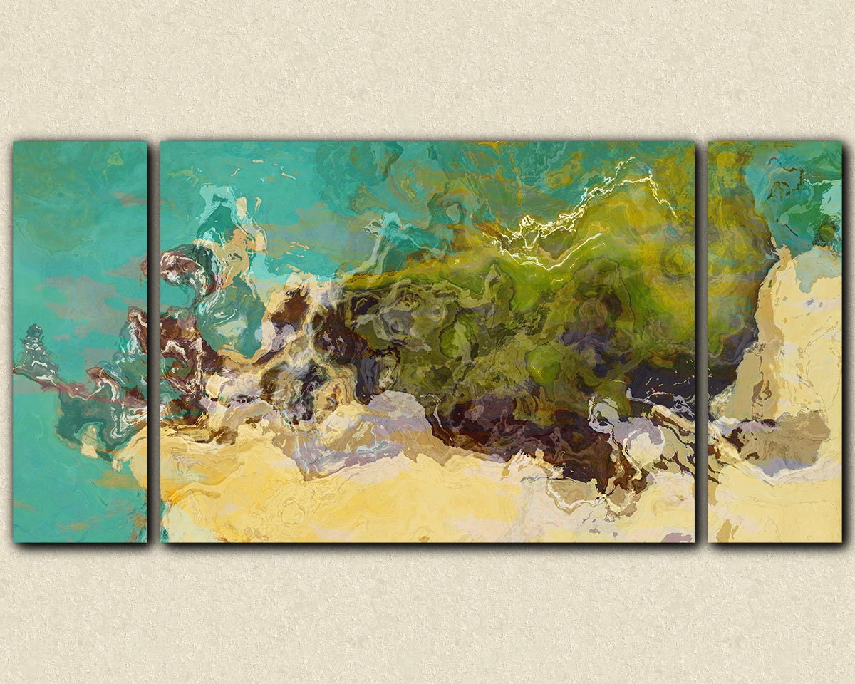 Large Triptych abstract stretched canvas print, 30x60, in earthy and ultramarine greens, from abstract painting "Across the Great Divide"