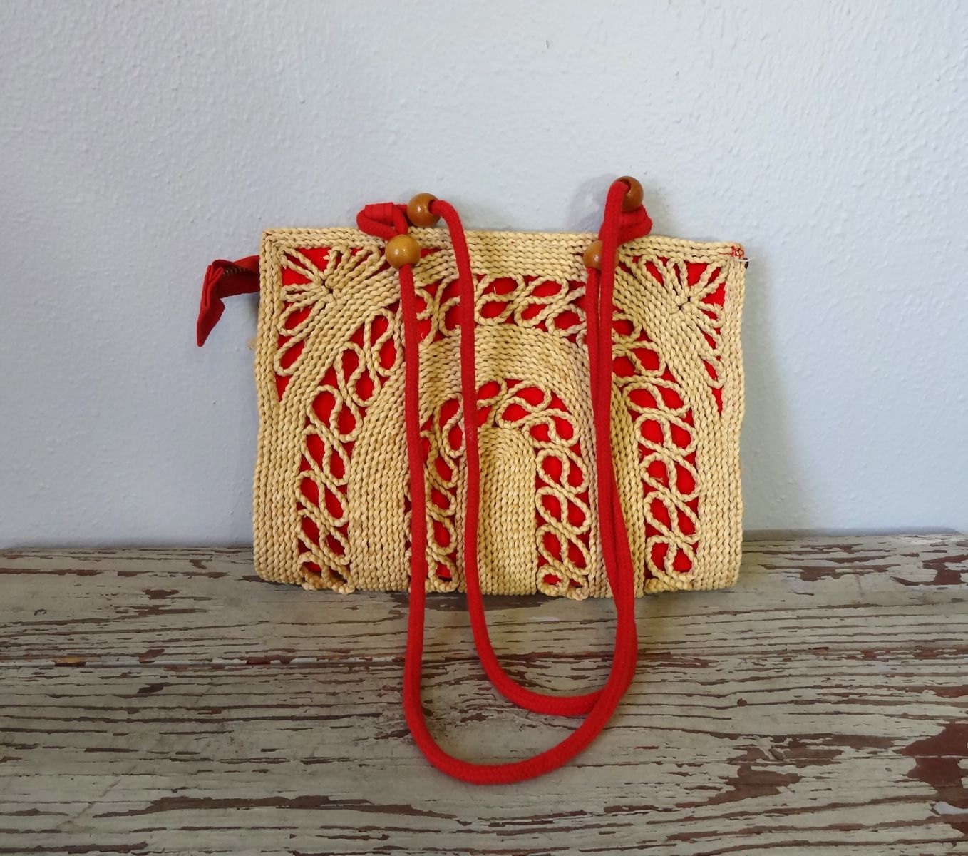 Vintage SANTO DOMINGO Tote / 1970s Purse / Woven Straw Purse / Raffia Handbag