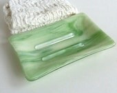 Large Soap Dish in Green and French Vanilla Streaky Fused Glass