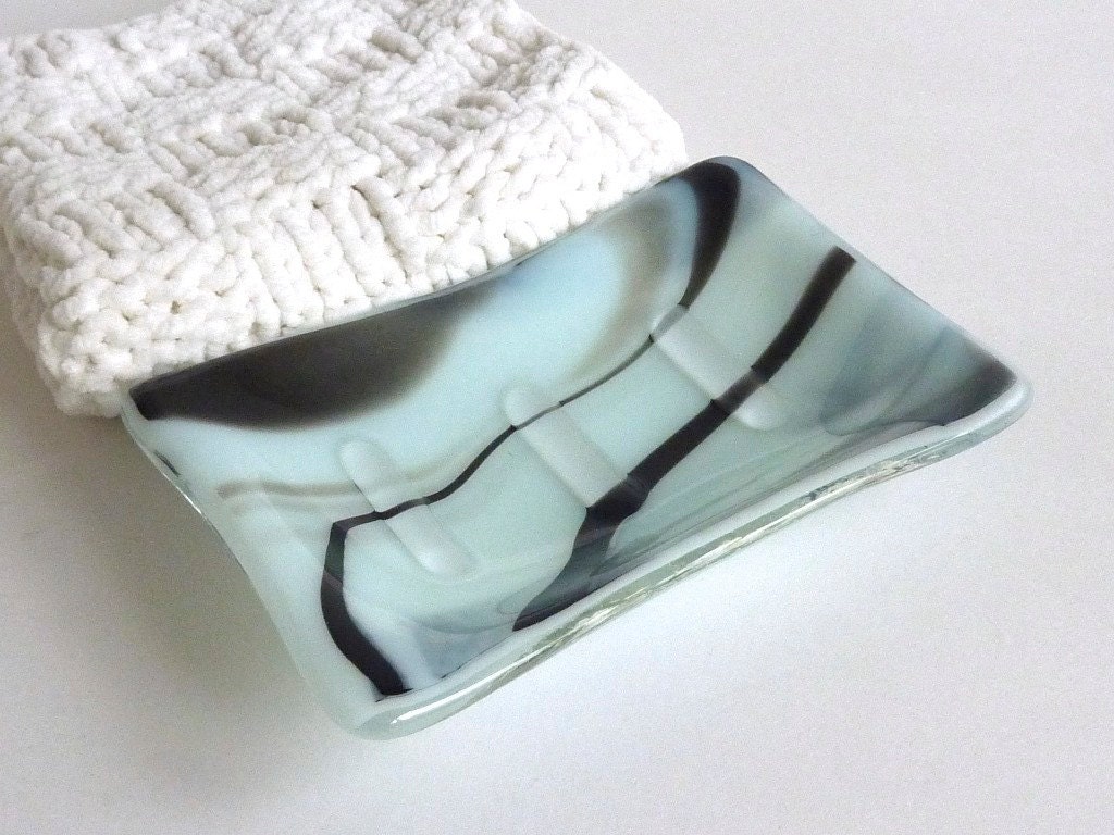 Fused Glass Soap Dish in Seafoam and Black