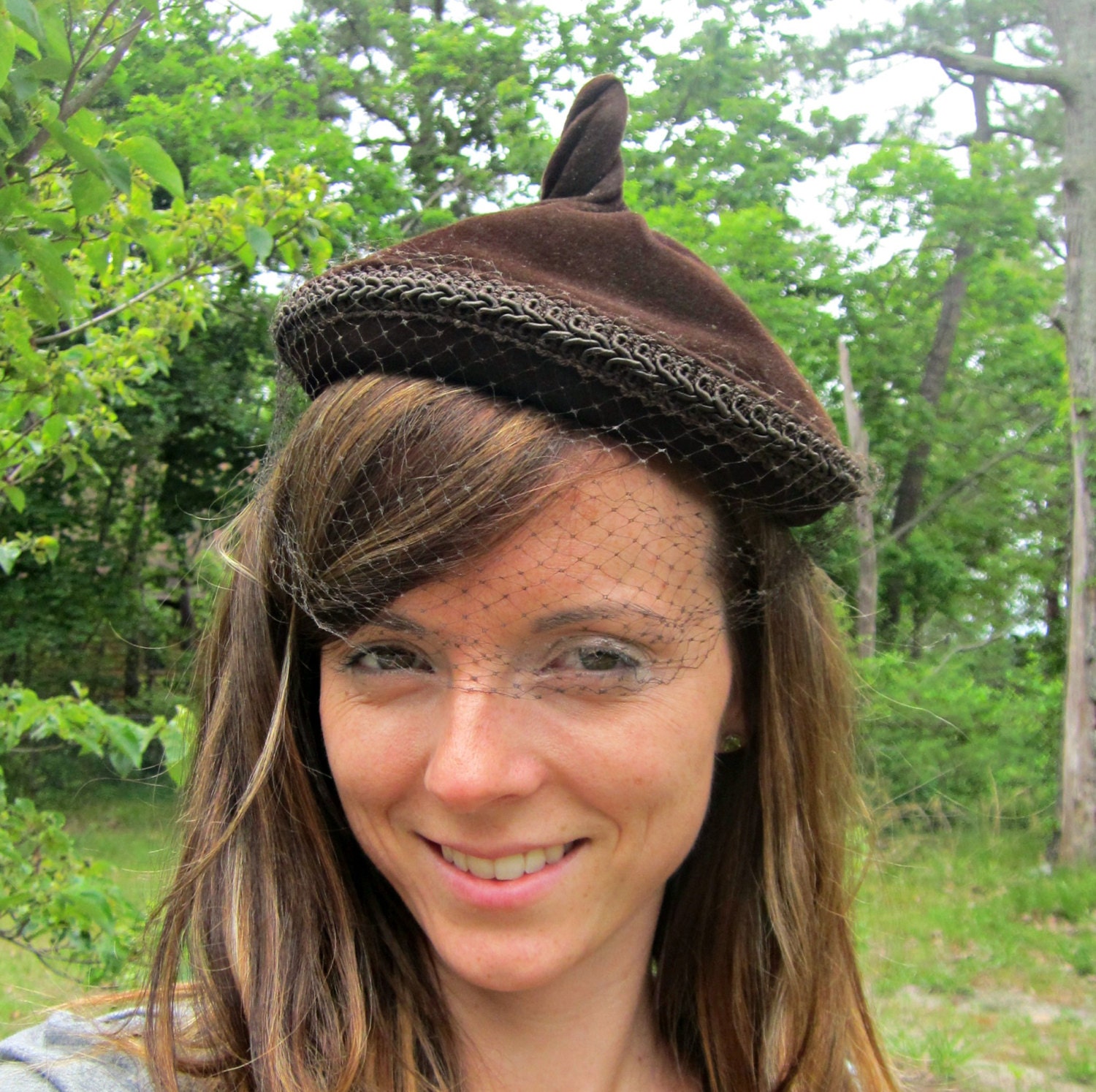 Vintage Hat - Brown Velvet With Veil & Twist Point Top