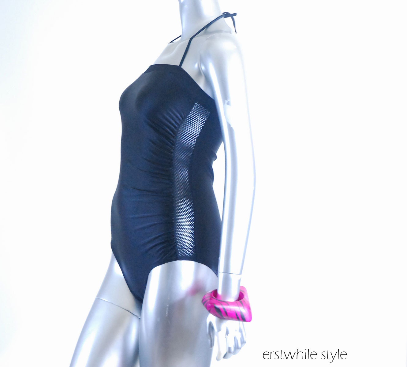 Vintage 1970s Black Fishnet Halter Swimsuit SM MED
