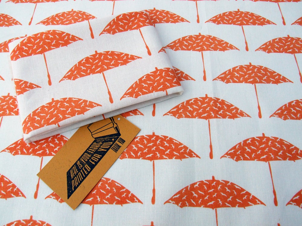 Hand Printed Fabric Metre of Tangerine Orange Bird Brolly organic cotton