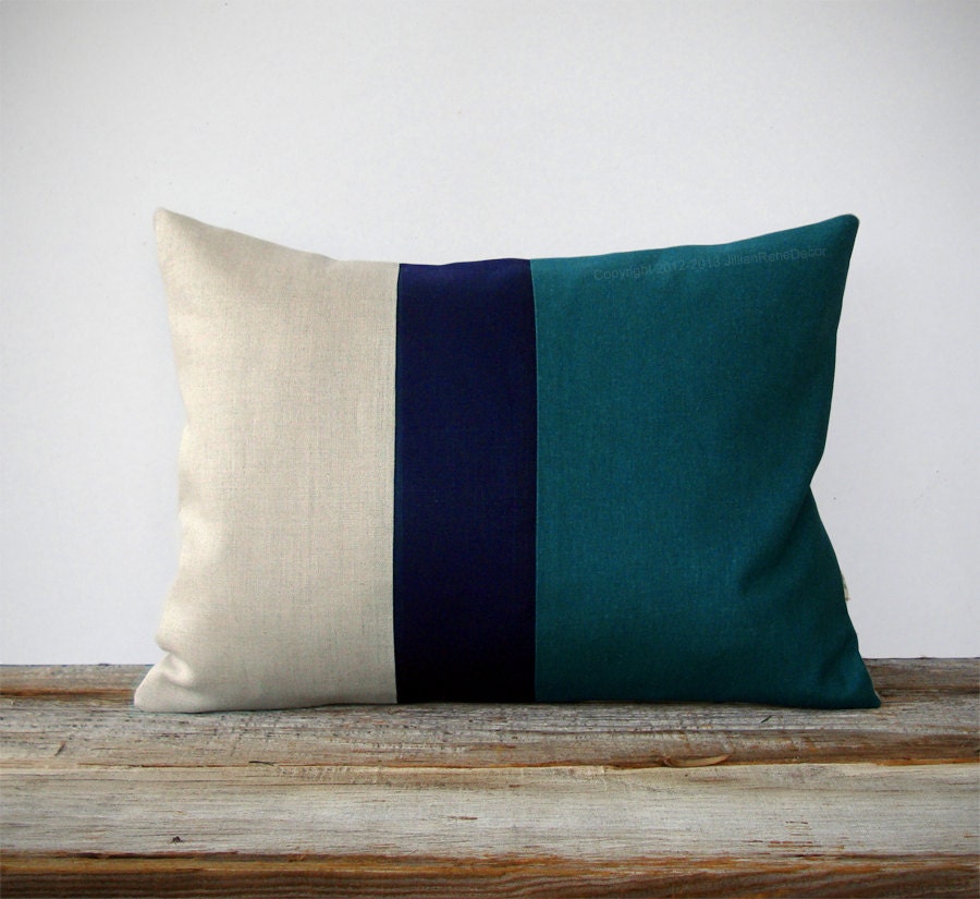 Color Block Stripe Decorative Pillow in Teal, Navy and Natural Linen by JillianReneDecor (12x16) Modern Home Decor Colorblock Trio Spring