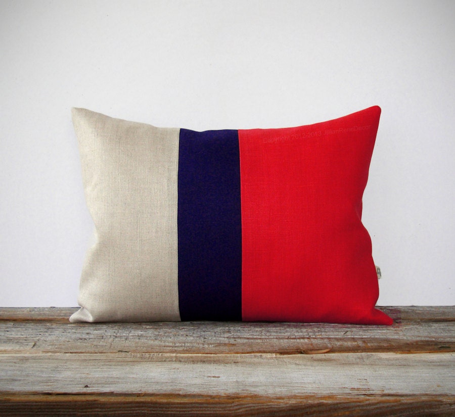 Color Block Stripe Pillow in Tangerine Tango, Navy and Natural Linen by JillianReneDecor (12x16) Modern Home Decor
