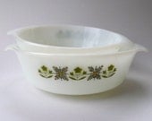Fire King Green Meadow Round Casserole Set 1-1/2 and 1 Qt Size Ovenware Dishes 1960's Kitchen Bakeware Serveware Bowls