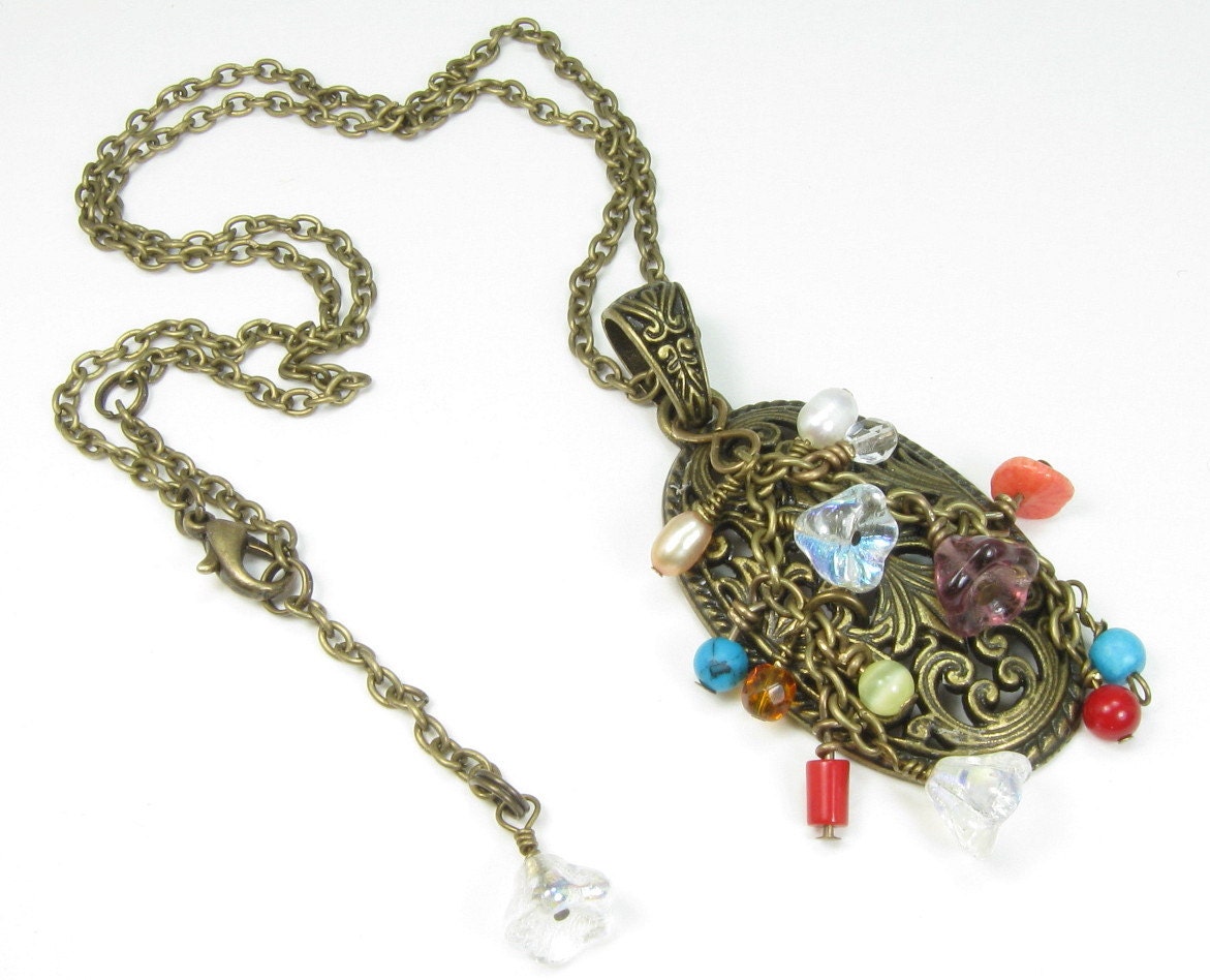 Antiqued Brass Locket Style Pendant Chain Necklace