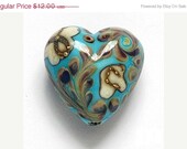 ON SALE 30% OFF Turquoise, Ivory & Beige Heart Focal Bead - Handmade Glass Lampwork Beads - 11811805