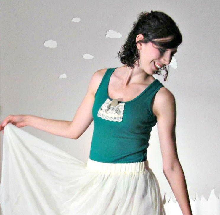 SALE Shabby chic tank upcycled cotton vintage lace teal small FRILLS & THRILLS