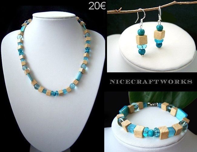 SALE - Beige Wood Light Blue Jewelry Set