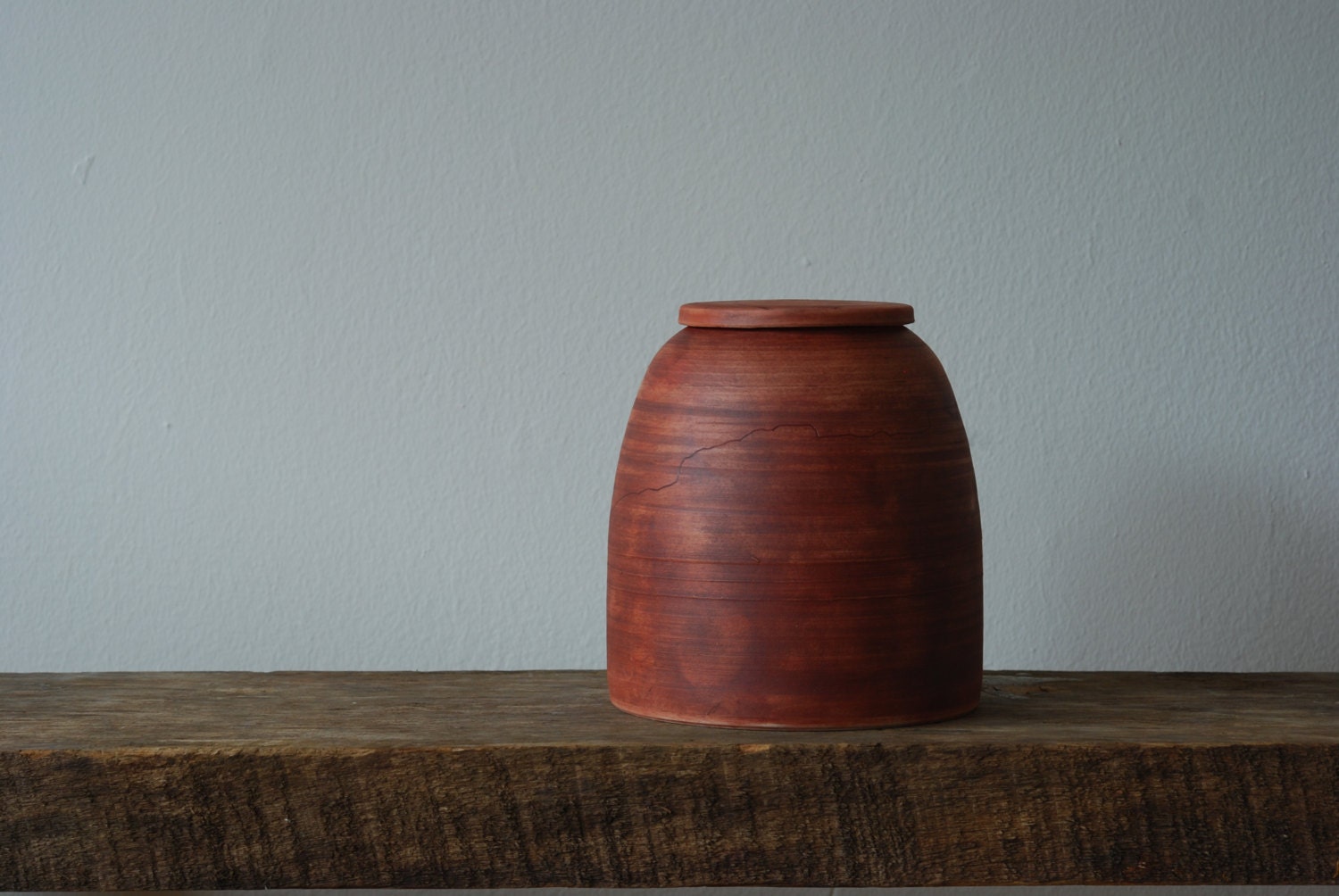 Rust Lidded Jar/Urn with Abstract Lines
