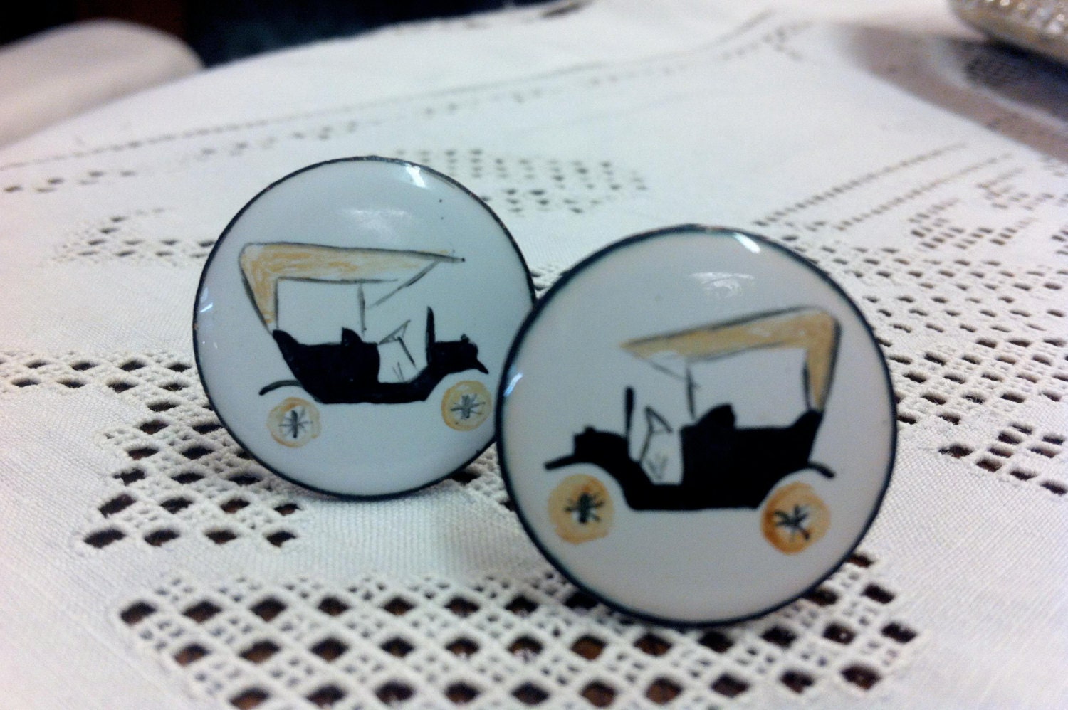 Antique Car Round White Enamel Cuff Links Vintage 1950's