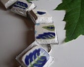 Broken China Jewelry Bracelet - Swiss Alpine - Blue and Green Leaf- Made from Vintage Dishes
