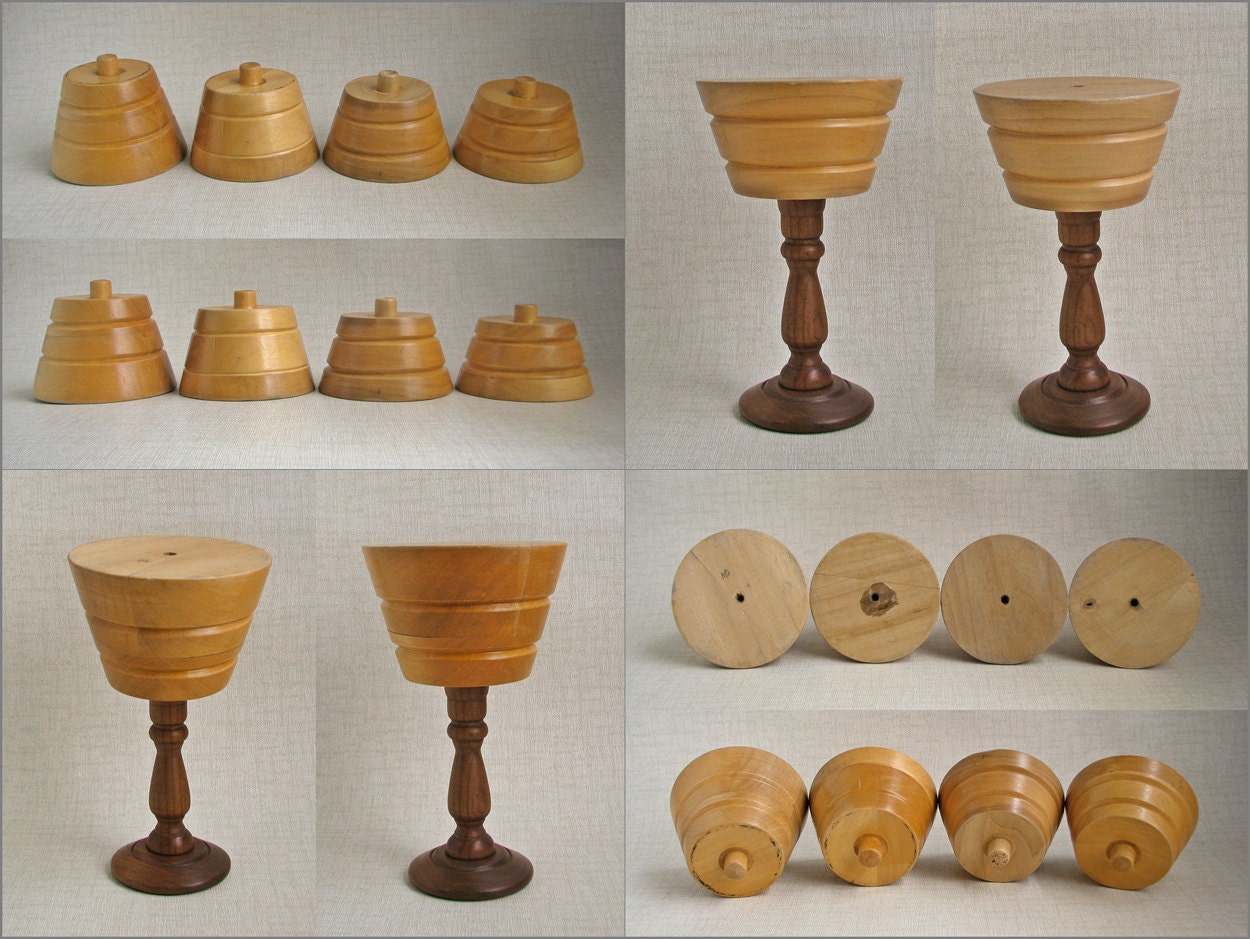Vintage SET (4) HATTERS Wood Hat Block STANDs SPINNERs for Blocking Dual Use