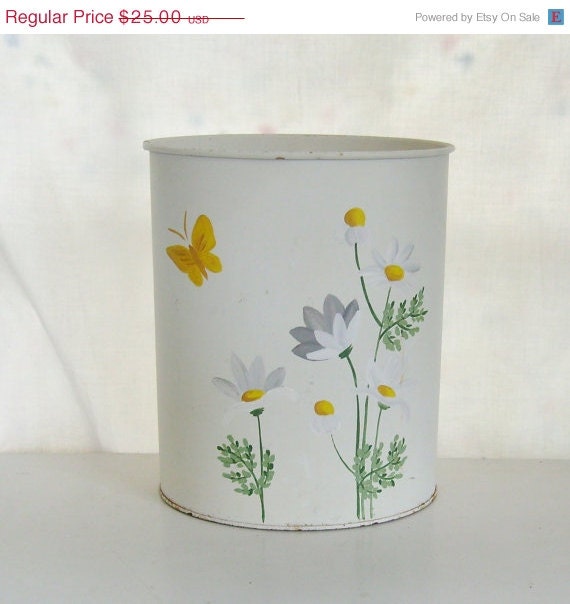 Memorial Day Sale Vintage waste basket tole trash can white with hand painted daisies and butterflies signed