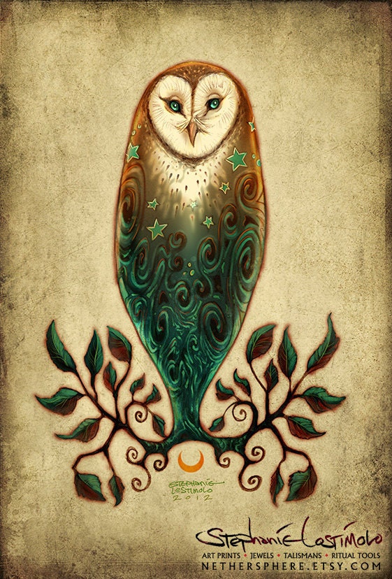 Solstice Owl - Barn Owl Tree Leaves Moon Stars Spirals 11x17 Print