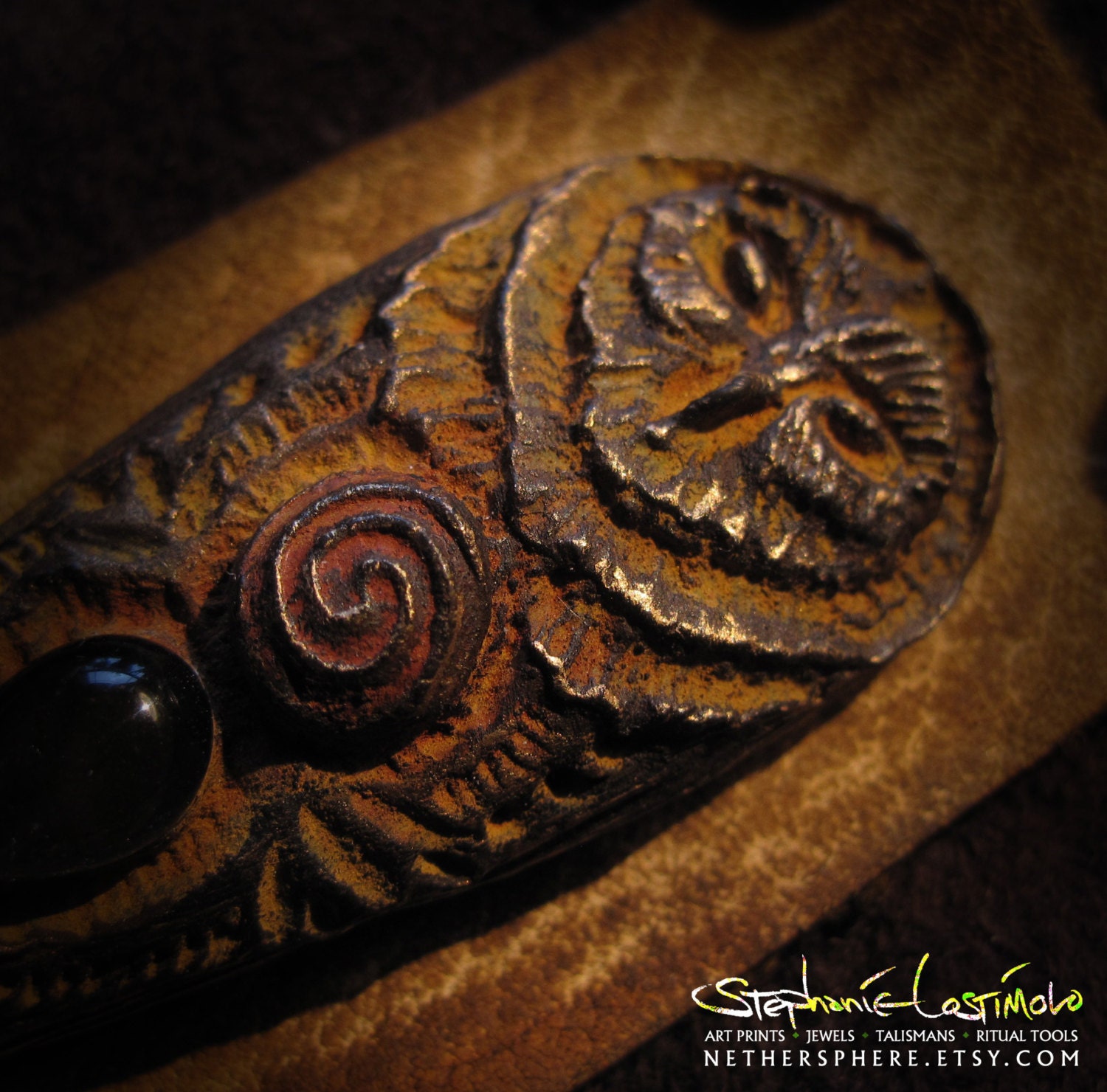 Desert Owl - Barn Owl Talisman Necklace with Smoky Quartz Leather Copper Spiral