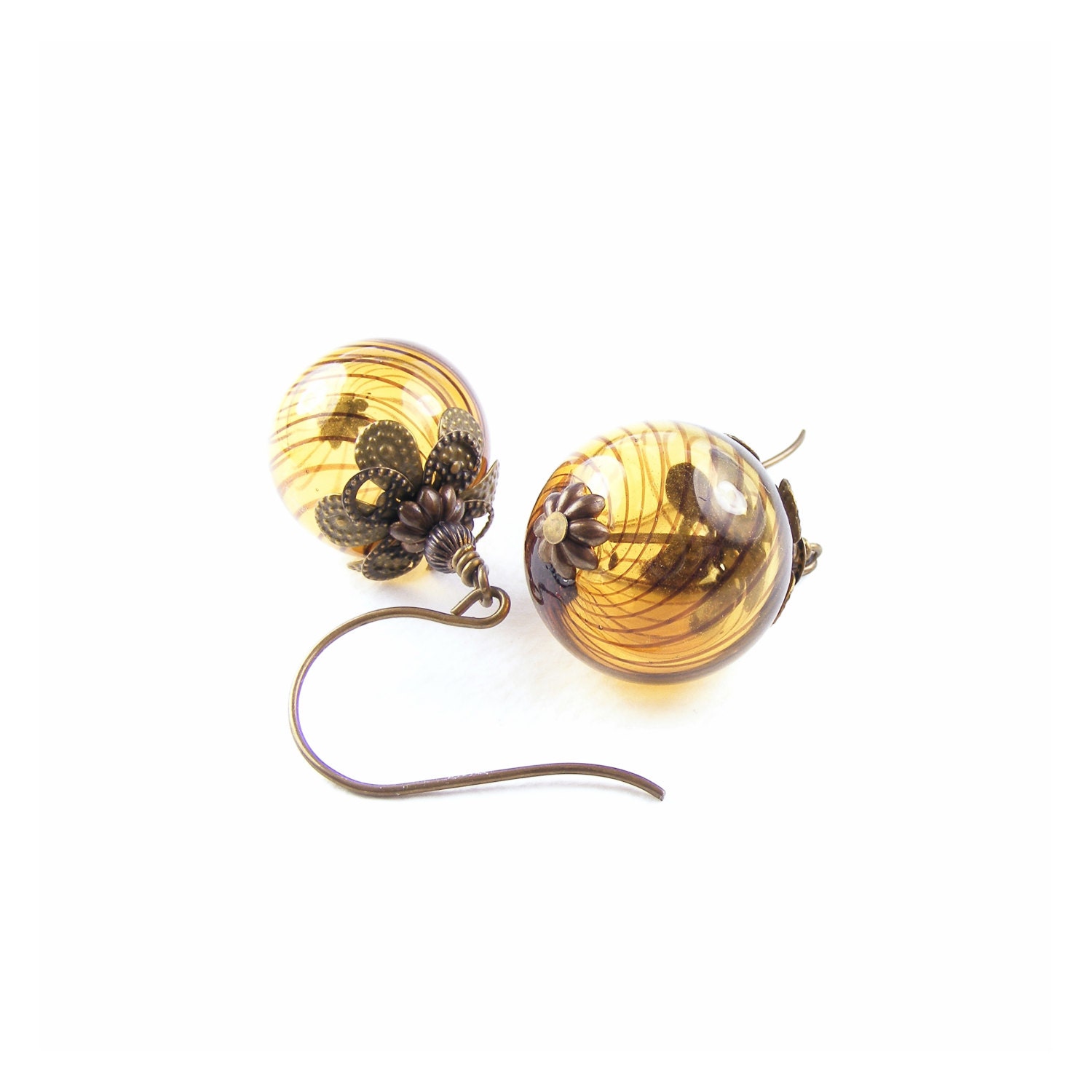 Spirit Catcher Earrings, Handblown Glass Balls & Vintaj Brass Earrings, Golden Vintage Style Witch Ball Earrings, Pagan Wicca Gothic