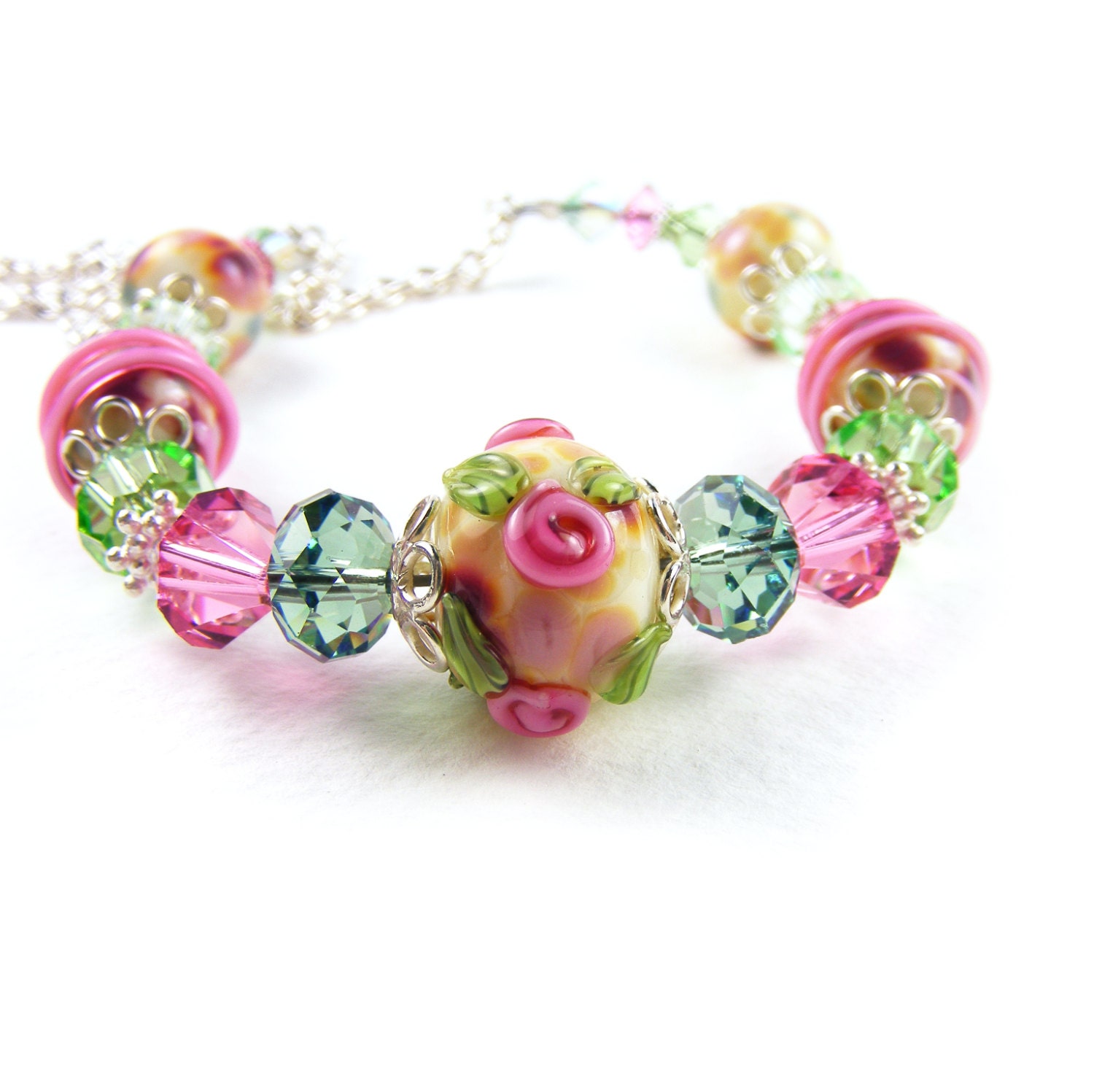 Floral Glass Beaded Necklace, Handmade Beaded Jewelry, Flower Garden Lampwork Glass & Silver, Pink Green OOAK Necklace