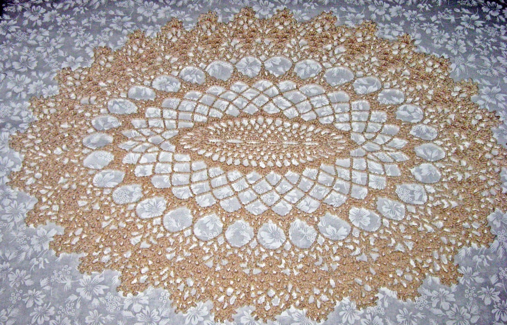 Crochet Cotton Doily, Ecru, Large Oval Shape, 20" x 14 1/2