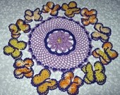 Crochet Doily, Butterfly Garden, Lavender and purple surrounded by butterflies