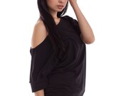 Oversized Off The Shoulder Top - Womens Cotton Fashion Shirt Black