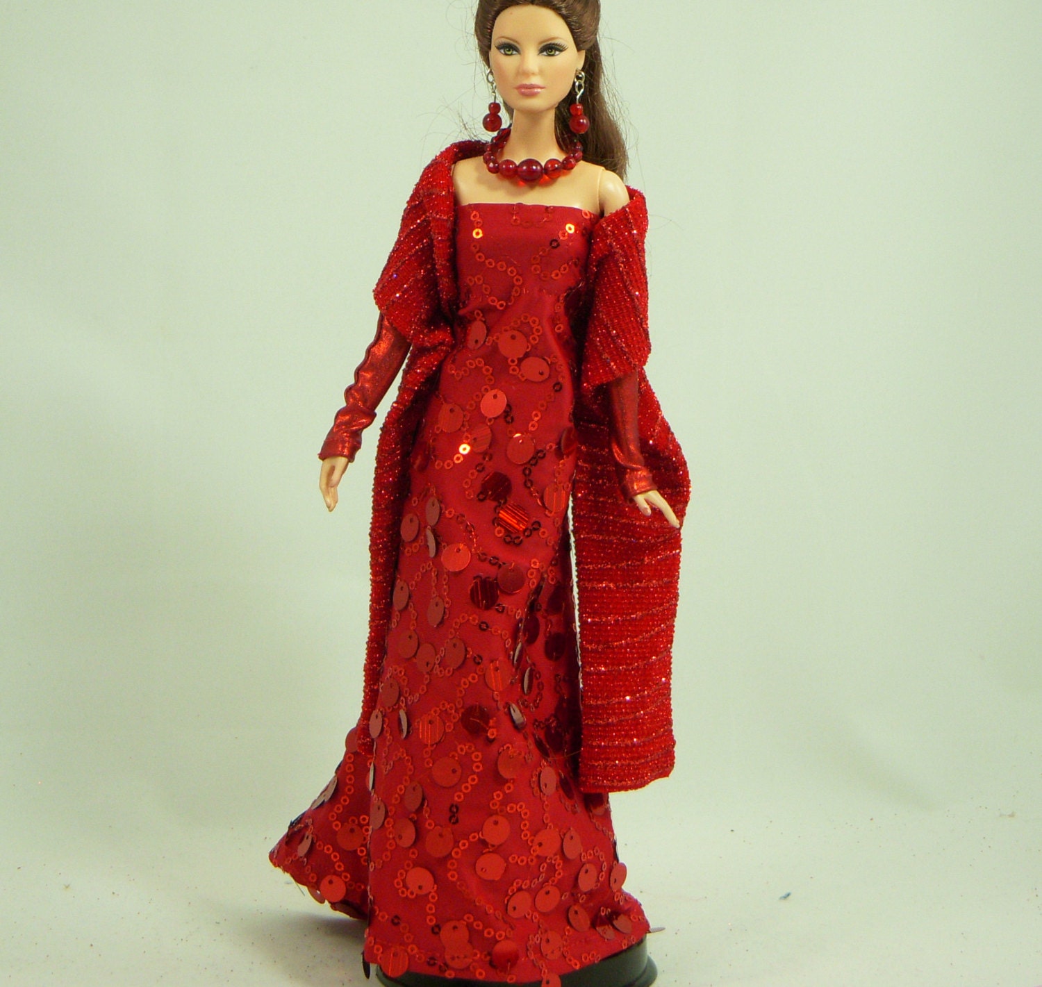 OOAK Red Sequined Barbie Evening Dress, Belt,  Wristlets,  Shawl, and Jewelry