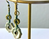 Green Earrings Handmade Artisan Ceramics Paired with Brass Gear and Earwires, Gift for Her