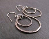 Double Circle Silver Earrings. Fine Silver Circle Hoops. Textured Oxidized Dangle Earrings