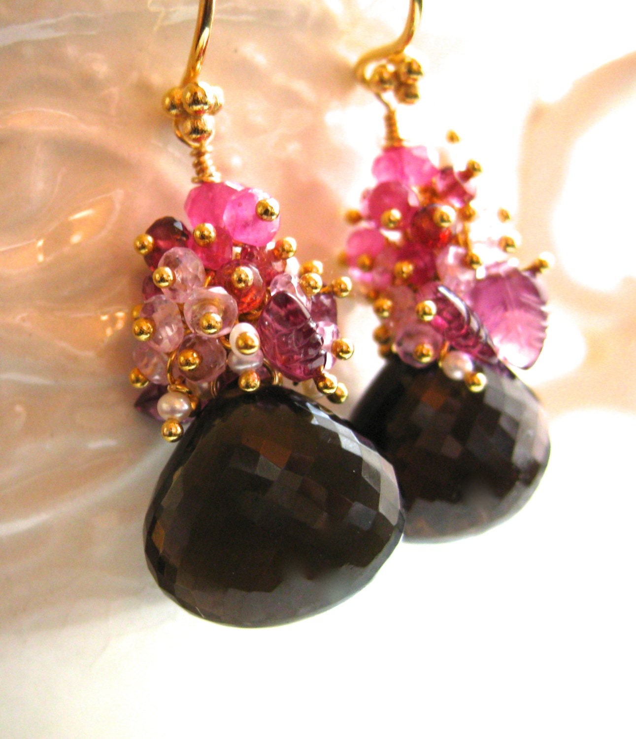 Smoky Quartz and Pink Sapphire Earrings-Cherry Cordial