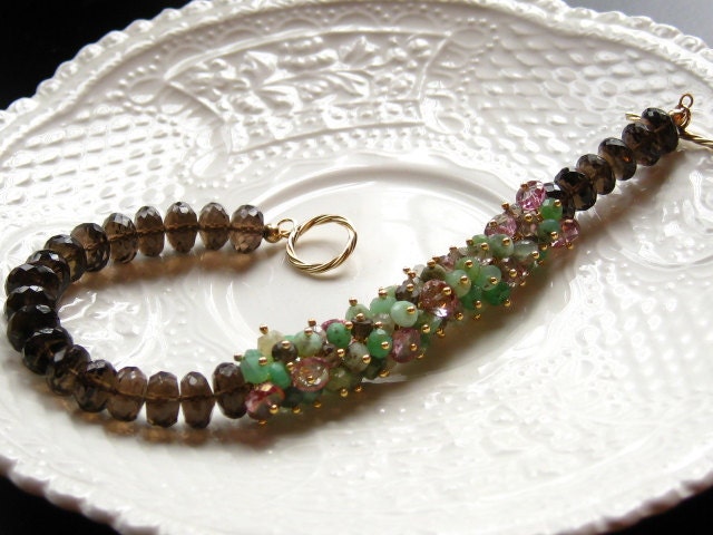 Smoky Quartz Gemstone Bracelet-Brown, Mint green and Pink-Spumoni