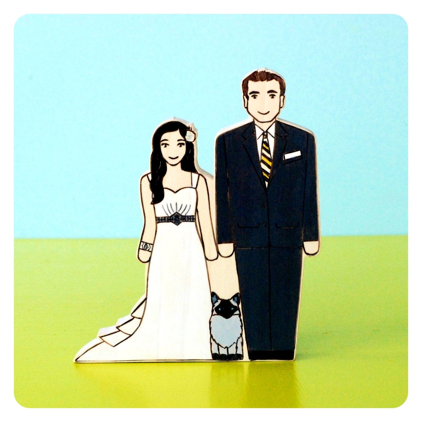 Custom Wedding Cake Toppers with One Pet  All Connected Together