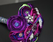 Peacock Satin and Button Bouquet - Brooches and Beaded Handle