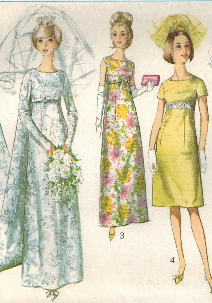 1960s Simplicity 6352 Vintage Sewing Pattern Juniors' Wedding Dress, Detachable Train, Bridesmaid Dress, Evening Gown Sizes Bust 30.5, 31.5