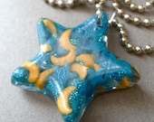 Resin Sprinkle Filled Necklace with Glitter - The Stars and The Moon - Handmade Science Jewelry Pendant