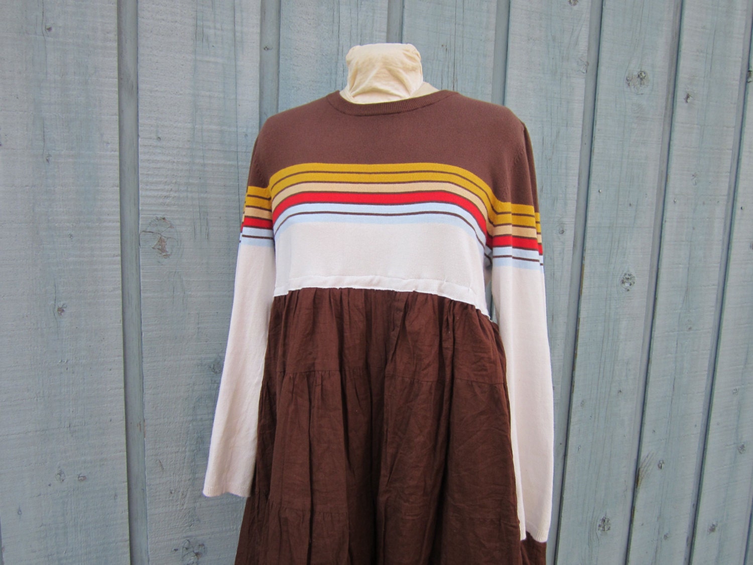 Retro Upcycled Trapeze Dress // XL Plus Sizes // Striped Empire Waist Dress // Brown Yellow Red // Eco Urban Fashion for Women