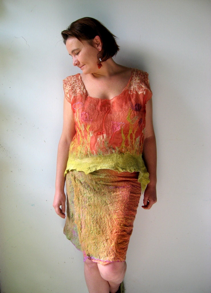 Nuno Felted  Silk Top and Wrap Skirt Summer Meadow