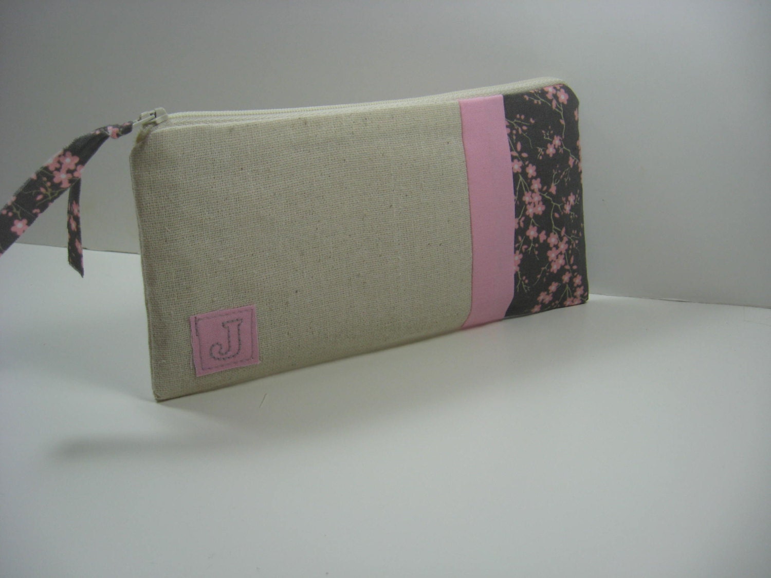 Personalized, Initialed  zipper pouch, iphone wallet, Made To Order - Cherry Blossoms