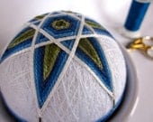 teacup pincushion - blue green white star - hand embroidered thread ball - quilter seamstress unique gift - julieandco - japanese temari