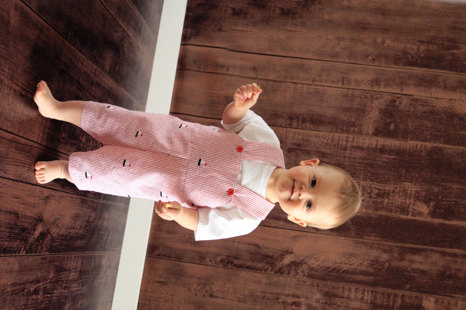 Boys Short Overalls, Easter,  Red Seersucker with Embroidered Sailboats, Newborn,6mo,12mo,18mo,2t,3t,4t