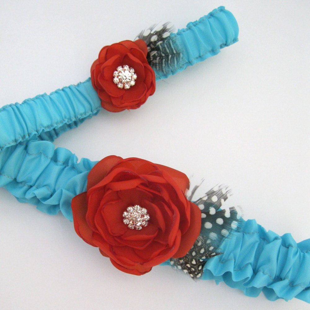 Wedding Accessory, Garter Blue Red, Bridal garter set, Garters E213, flower garter, bridal accessories