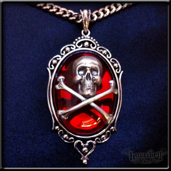 Skull Necklace - Red, Gothic Necklace, Antique SIlver, Skull Pendant, Gothic Jewelry, Skull Jewelry