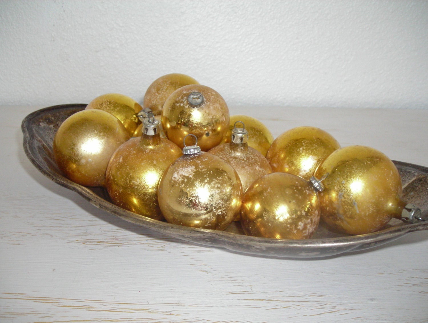soft gold Christmas ornaments - vintage glass balls from Poland - shabby cottage chic - ornate hollywood regency