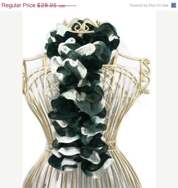 Hand Knit Lacy Ruffled Scarf - Black and White - Spring and Summer Fashion Accessory - Ready to Ship