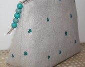 Linen screen printed cosmetic bag - teal