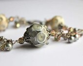 Wire wrapped Handmade Lampwork beaded bracelet, Grey freshwater pearls, sterling silver, copper seed beads, swarovski crystals