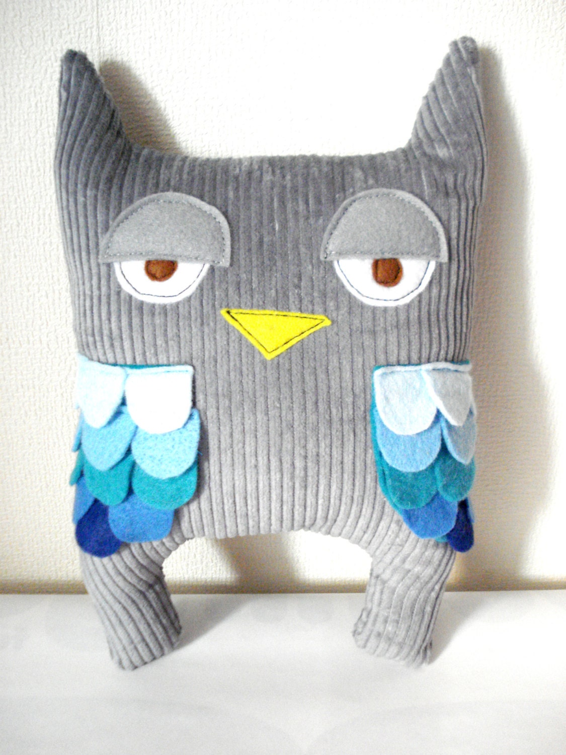 Gray Corduroy Owl with Blue Wings - Stuffed toys, toy, softie, plushie, plush, Owl, Bird